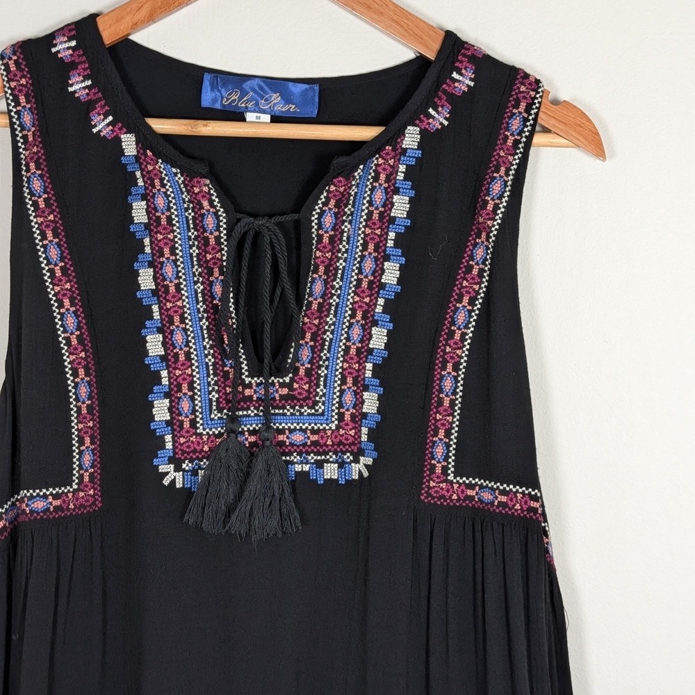 Blue Rain Black Embroidered Tassel Boho Mini Dress Womens Medium Festival Flowy